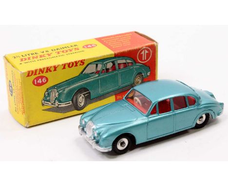 Dinky Toys No. 146, 2.5 Litre V8 Daimler, a metallic blue model with red interior, spun hubs, very slight roof rub, in the or