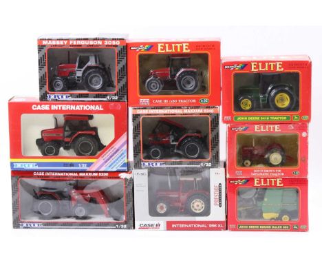 Collection of 9 Britains and ERTL 1/32nd scale boxed tractor and implement group, all in original packaging to include an ERT