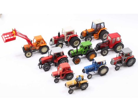 Collection of 10 various Britains and similar 1/32nd scale model tractors and implements, to include Massey Ferguson 2680 Dua