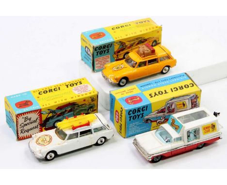 Corgi Toys boxed model group of 3 comprising No. 475 Citroen Safari Olympic Winter Sports, white body, spun hubs, "1964 Olymp