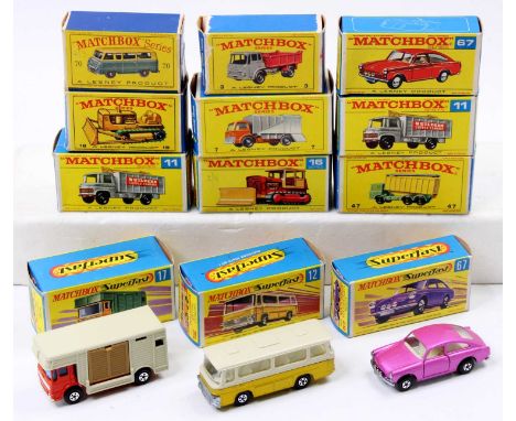 A collection of 3 Matchbox Lesney Superfast comprising No. 12 Setra Coach, No. 17 Horse Box, and No. 67 Volkswagen 1600TL (Al