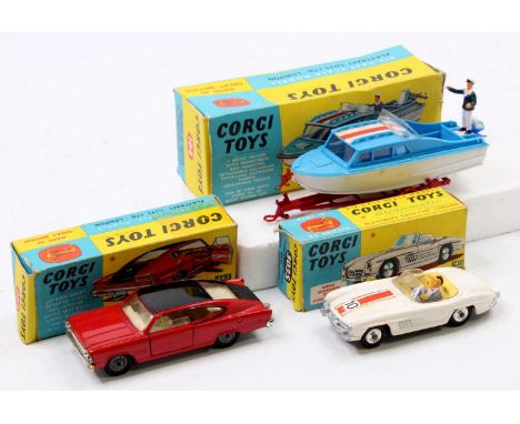 Corgi Toys boxed model group of 3 comprising No. 303S Mercedes Benz 300SL Open Roadster, white body, with yellow interior, dr