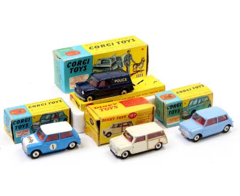 Corgi Toys and Dinky Toys boxed Mini group of 4 comprising Corgi Toys No. 227 Morris Mini Cooper Competition model, blue &amp