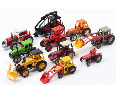 Collection of 10 various Britains and similar 1/32nd scale model tractors and implements, to include Ford 7710 with plough, M