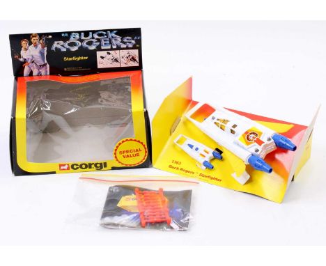 Corgi Toys No. 1163 Buck Rogers Starfighter, contains both large and small scale spacecraft finished in white, with yellow wi