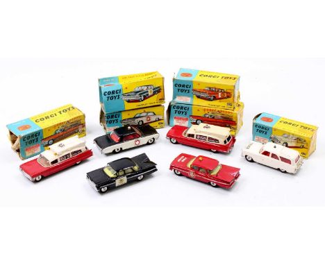 Corgi Toys part boxed and play-worn group of 6 emergency vehicles comprising No. 4398 Chevrolet Fire Chief Car, No. 237 Oldsm