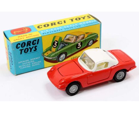 Corgi Toys No. 319 Lotus Elan Coupe comprising of red and white body with cream interior, fitted with cast hubs and housed in