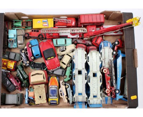 One tray containing a collection of mixed Dinky Toy, French Dinky, Corgi Toy, tinplate and similar model vehicles and accesso