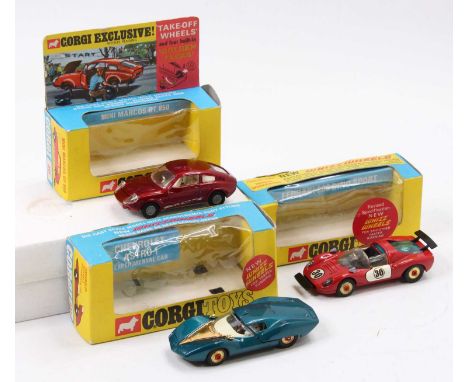 Corgi Toys boxed model group of 3 comprising No. 344 Ferrari 206 Dino in red with red spot hubs (NM-BG), No.341 Mini Marcos G