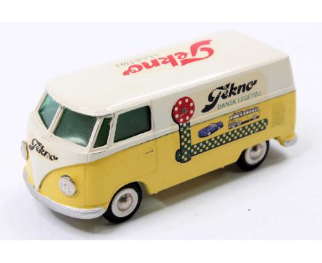 Tekno No.413 VW Transporter Type 1 Van "Tekno", yellow lower body and off white upper, with Tekno Dnask Legetoj livery, (E)