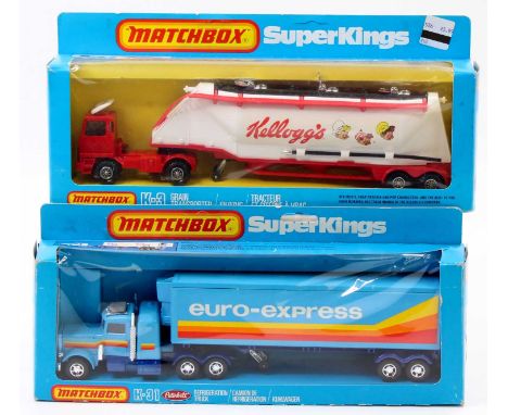 2 Matchbox Super Kings trucks comprising K31 Peterbilt Refrigeration Truck, light blue cab and box, with a dark blue chassis,