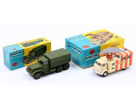 Corgi Toys military boxed group of 2 comprising No. 1106 Decca mobile airfield radar, cream and orange body with orange radar