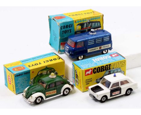 Corgi Toys boxed model group of 3 emergency vehicles comprising No. 492 Volkswagen European Police Car, No. 506 Hillman Imp P
