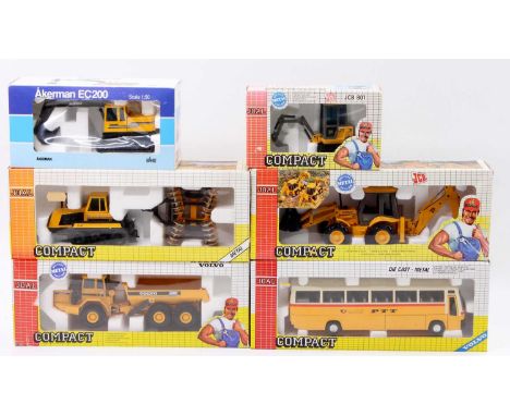 A collection of various six Joal compact 1/50 and 1/35 scale earth moving and public transport diecasts to include a Joal JCB