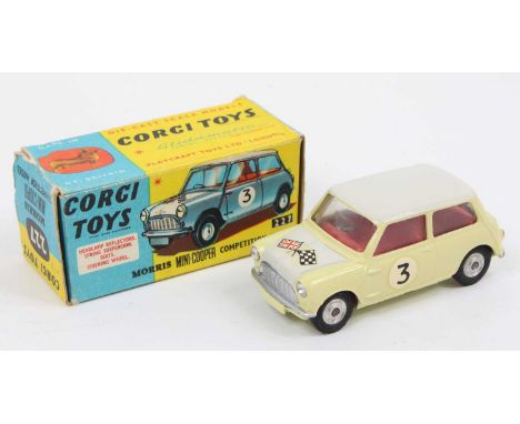 Corgi Toys, 227 repainted Morris Mini Cooper competition model, primrose yellow body, red interior, white roof and bonnet wit