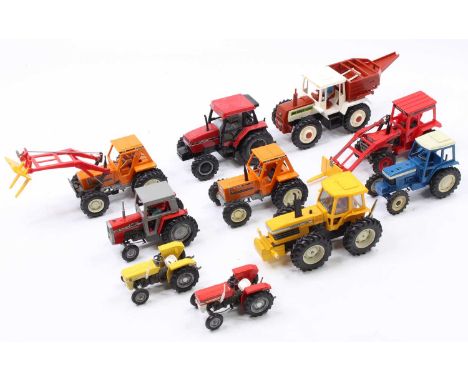 Collection of 10 various Britains and similar 1/32nd scale model tractors and implements, to include County 1884 in yellow, M