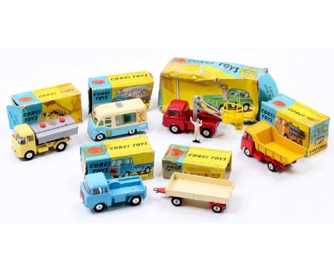 Corgi Toys part boxed and play-worn group of 6 comprising No. 428 Smith's Karrier Ice Cream Van, No. 409 Forward Control Jeep