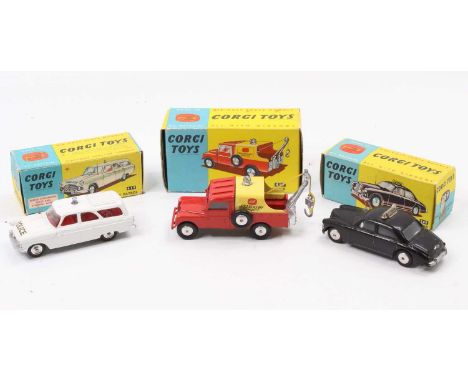 Corgi Toys boxed model group of 3 comprising No. 417 Land Rover Breakdown Truck, red body with yellow tinplate canopy, spun h