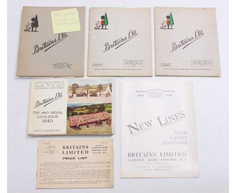 One folder containing a collection of pre-1950 original and reprinted Britains Limited catalogues, to include 1939 New Lines 