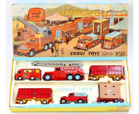 Corgi Toys Gift Set No. 23 Chipperfields Circus comprising booking van, circus crane truck, two animal cage wagons, Land Rove