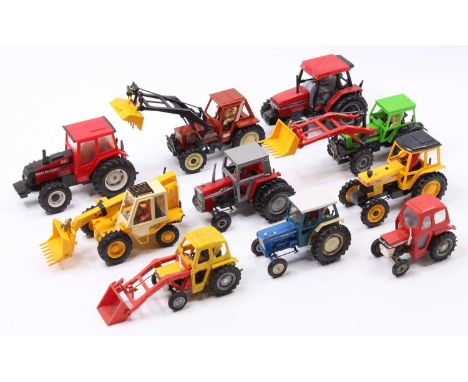 Collection of 10 various Britains and similar 1/32nd scale model tractors and implements, to include JCB 520 Loadall, Deutz D