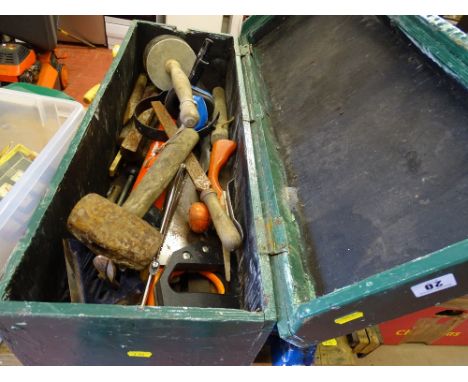 Painted wooden toolbox with contents 