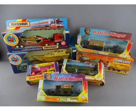 Boxed Matchbox diecast vehicles including a K-128 Daff Aircraft Transporter, a K-129 Mercedes Benz Power Launch Transporter, 