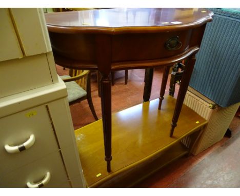 Light wood two tier coffee table and a small demi-lune hall table with drawer on reeded supports