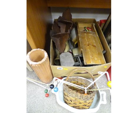 Box of vintage items including scales, coat hooks etc