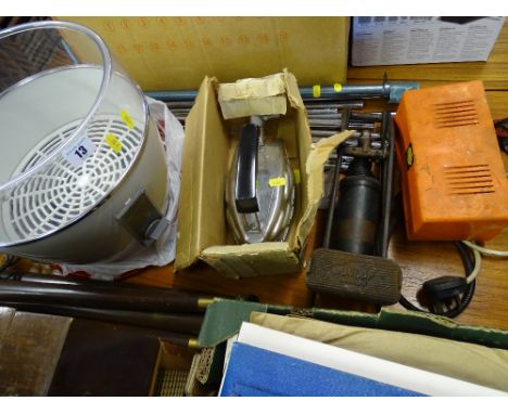 Vintage Phillips floorstanding hairdryer, Tilley vintage iron, vintage Dunlop footpump, battery charger etc E/T