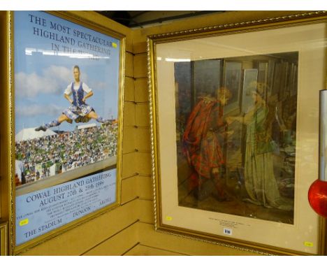Victorian print - titled 'Prince Charlie's Farewell to Flora McDonald, 1746' and a framed advertising poster for the Cowal Hi