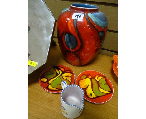 Modern Poole baluster vase, two saucers and a Poole jug