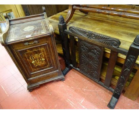 Rectangular fall front coal bucket and a dark wood and carved firescreen