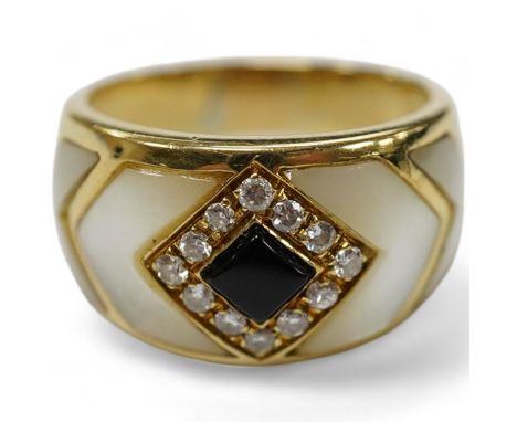 An Italian? yellow metal, mother of pearl, black enamel and diamond cluster set dress ring, size Q, gross weight 8.3 grams. C