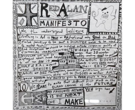 After Grayson Perry (b.1960), monochrome print on paper napkin, ‘Red Alan Manifesto’, 31 x 31cm. Condition - fair to good, ce