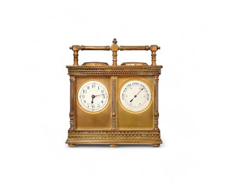 A French eight day carriage timepiece / barometer, retailed by Harrods, 16cm. Condition - fair, not tested