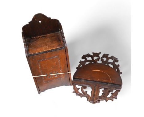 A 19th century oak medicine box and folding shelf unit, medicine box 42cm high. Condition -  both need re polishing
