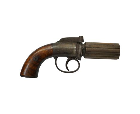 A six shot self-cocking percussion pepper box revolver, Birmingham proofs, foliate engraved round frame and two piece walnut 