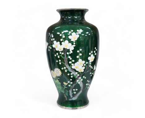A mid 20th century Japanese green prunus silver wire cloisonné enamel vase, by Ando, 19cm high.Condition - good