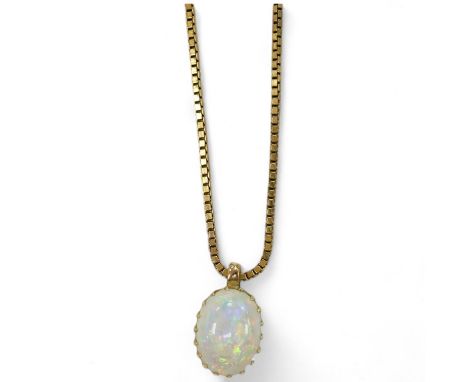 A modern 9kt and single stone oval cabochon white opal set pendant necklace, overall 36cm, gross weight 4.9 grams. Condition 