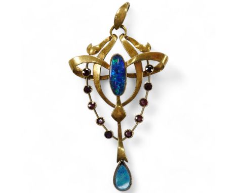 An Edwardian  Art Nouveau 15ct, black opal doublet and ruby cluster set drop pendant, 55mm, gross weight 3.9 grams. Condition