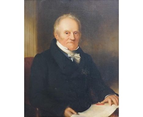 John Bridges (fl.1818-1854), mid 19th century oil on board, Portrait of Robert Morrell Esq., monogrammed and inscribed in ink