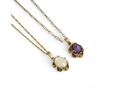 A modern 9ct gold and white opal set pendant, 21mm on a 14k chain, 46cm, gross weight 3.8 grams and a 9ct gold and amethyst s