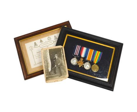 A framed First World War medal group awarded to Lance Corporal J. Austin Royal Sussex Reg. including the Military Medal for b