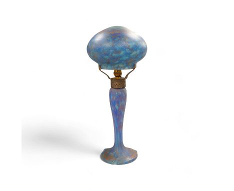 Art Nouveau, ‘Delatte’ mushroom blue glass lamp with hammered metal mount, 45cm high. Condition - good