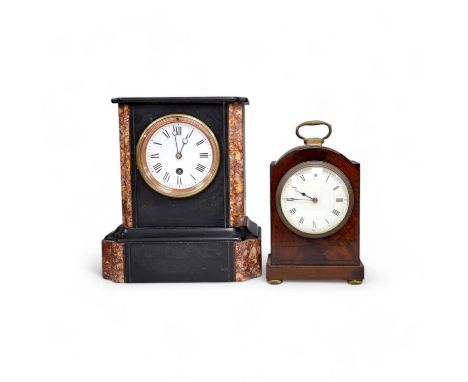 A slate mantel clock and a miniature bracket timepiece, slate clock 25cm high. Condition - miniature bracket time piece, poli