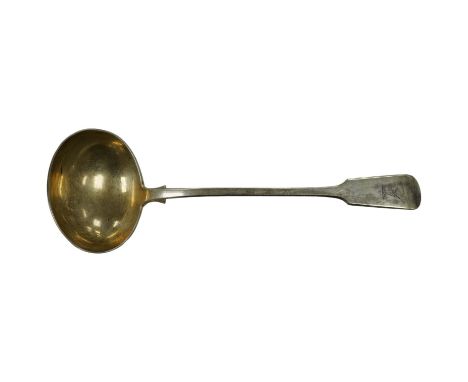 A Victorian silver fiddle pattern soup ladle, London, 1883, 32.2cm, 8.9oz. Condition - fair