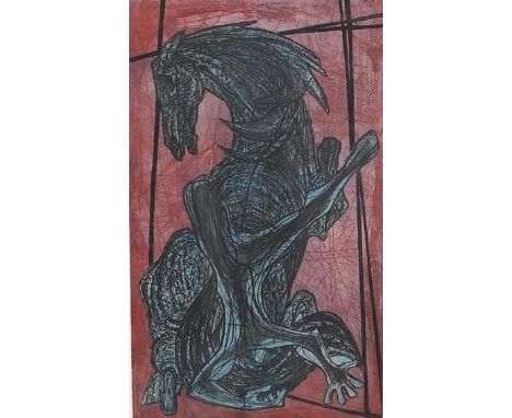 Ru van Rossem (1924-2007), colour etching, ‘Horse and Kidek’, signed in pencil and dated '54, limited edition 18/35, 34 x 20c