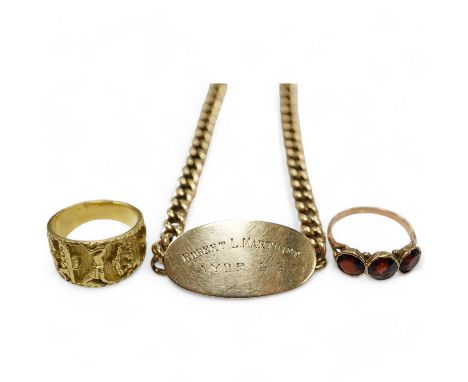 A 9ct curb link identity bracelet, with engraved inscription, 19cm, 12.5 grams, together with a yellow metal Egyptianesque ri