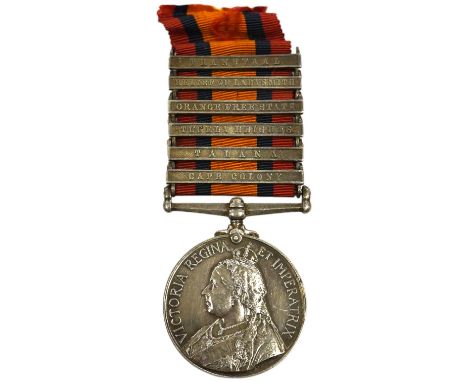 A Victorian South Africa medal awarded to CPL E. Daly RL. DUBLIN FUS. with six bars for Cape Colony, Talana, Tugela Heights, 